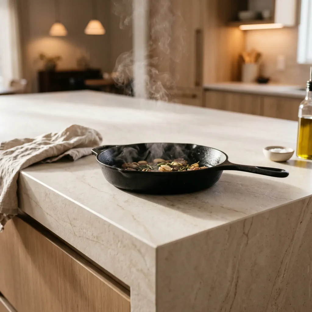 Porcelain kitchen island with an invisible sub-counter induction cooktop holding a stainless steel pan.