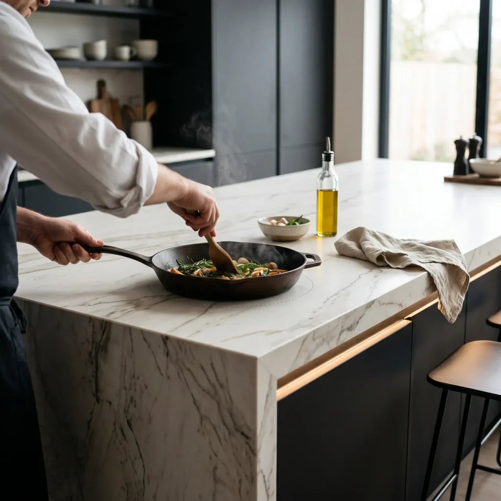 Kitchen island with an invisible sub-surface induction cooktop installed beneath a Dekton stone slab.