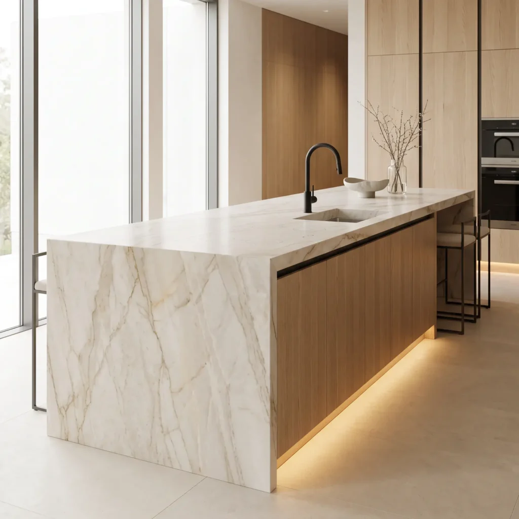 Modern luxury kitchen island with an invisible induction cooktop, mitered quartzite waterfall edge, and oak cabinets.