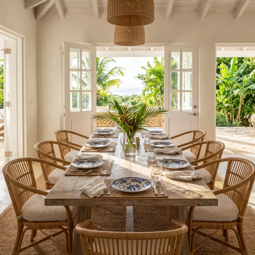 Island style dining room with bleached teak dining table, woven cane chairs, and blue and white ceramic place settings.