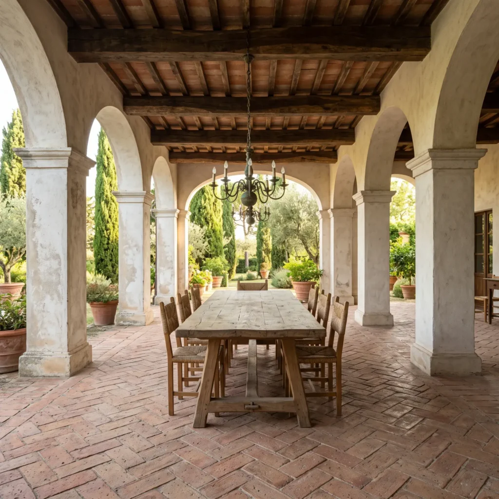 Covered Italian loggia patio with clay brick herringbone floor, arched openings, and rustic oak dining furniture.