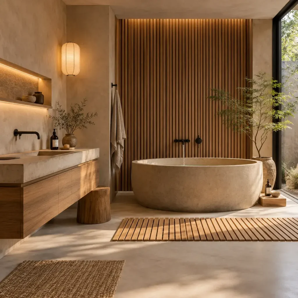 Japandi bathroom with oat microcement walls, vertical cedar slats, matte black fixtures, and a circular soaking tub.