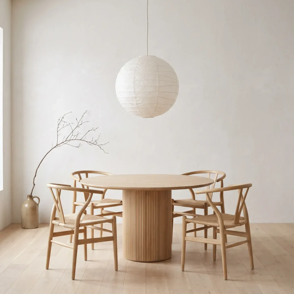 Japandi dining room featuring round smoked oak table, paper lantern pendant light, and wishbone chairs