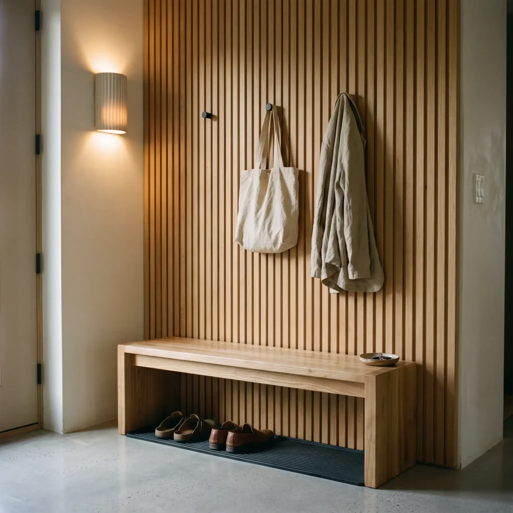 Japandi entryway design with a low ash wood bench, floor-to-ceiling vertical oak slats, and minimalist coat pegs.