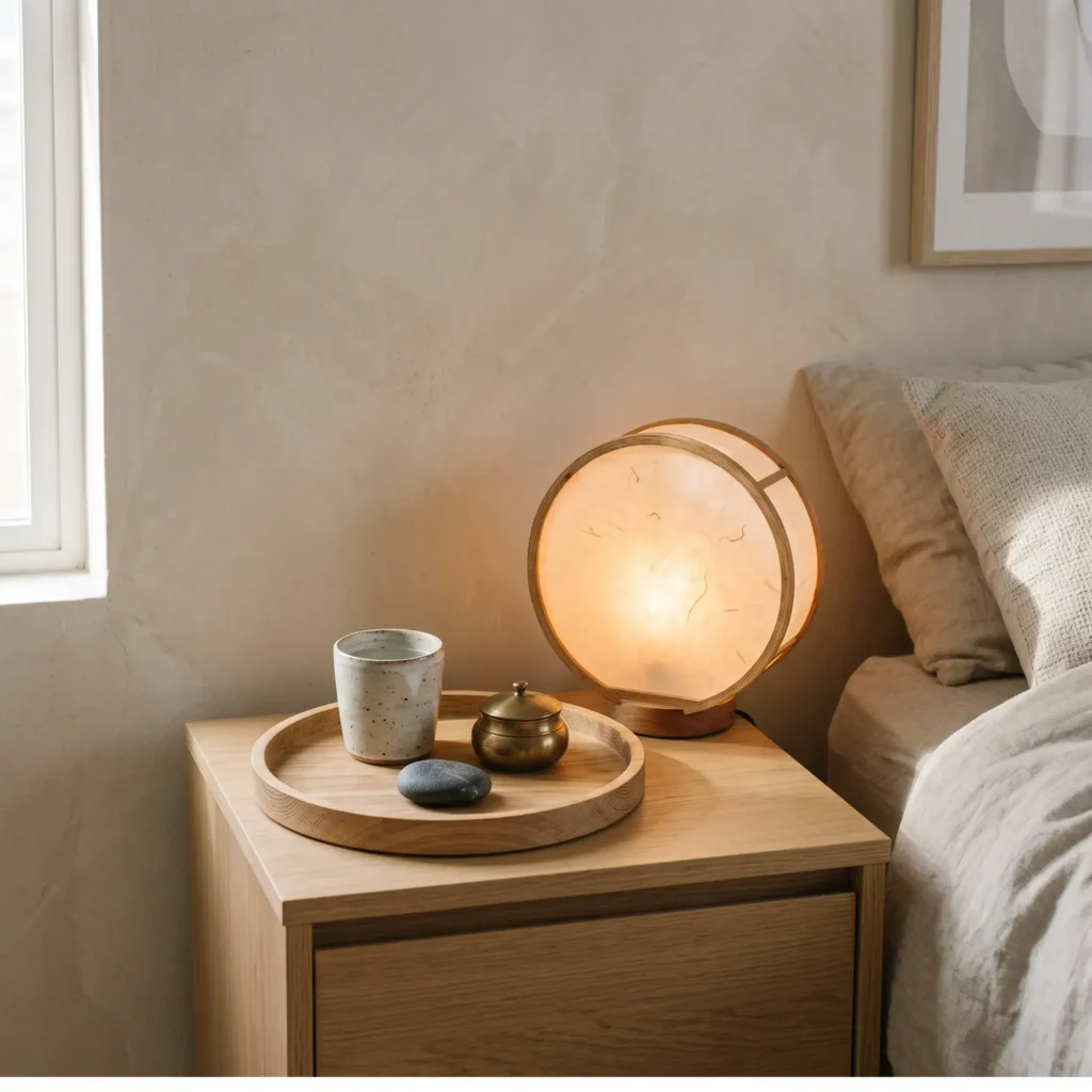 Japandi style bedside table featuring a round wooden tray, paper lantern lamp, and ceramic cup.