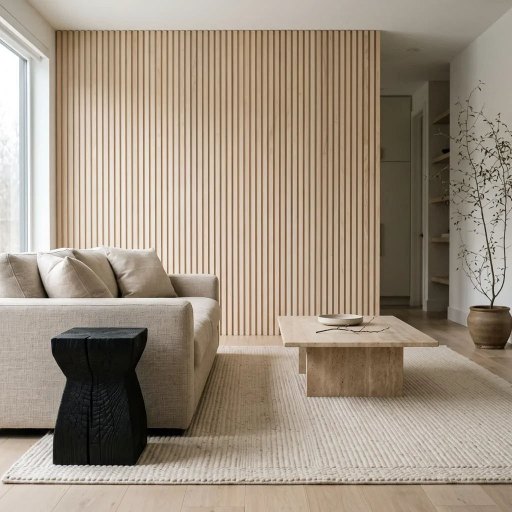 Japandi living room featuring a pale ash slatted wall, charred black wood side tables, and a travertine table.