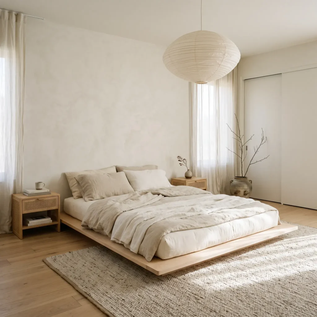 Japandi style white bedroom featuring a low platform bed, off-white Roman clay walls, a paper pendant light, and woven cane nightstands.