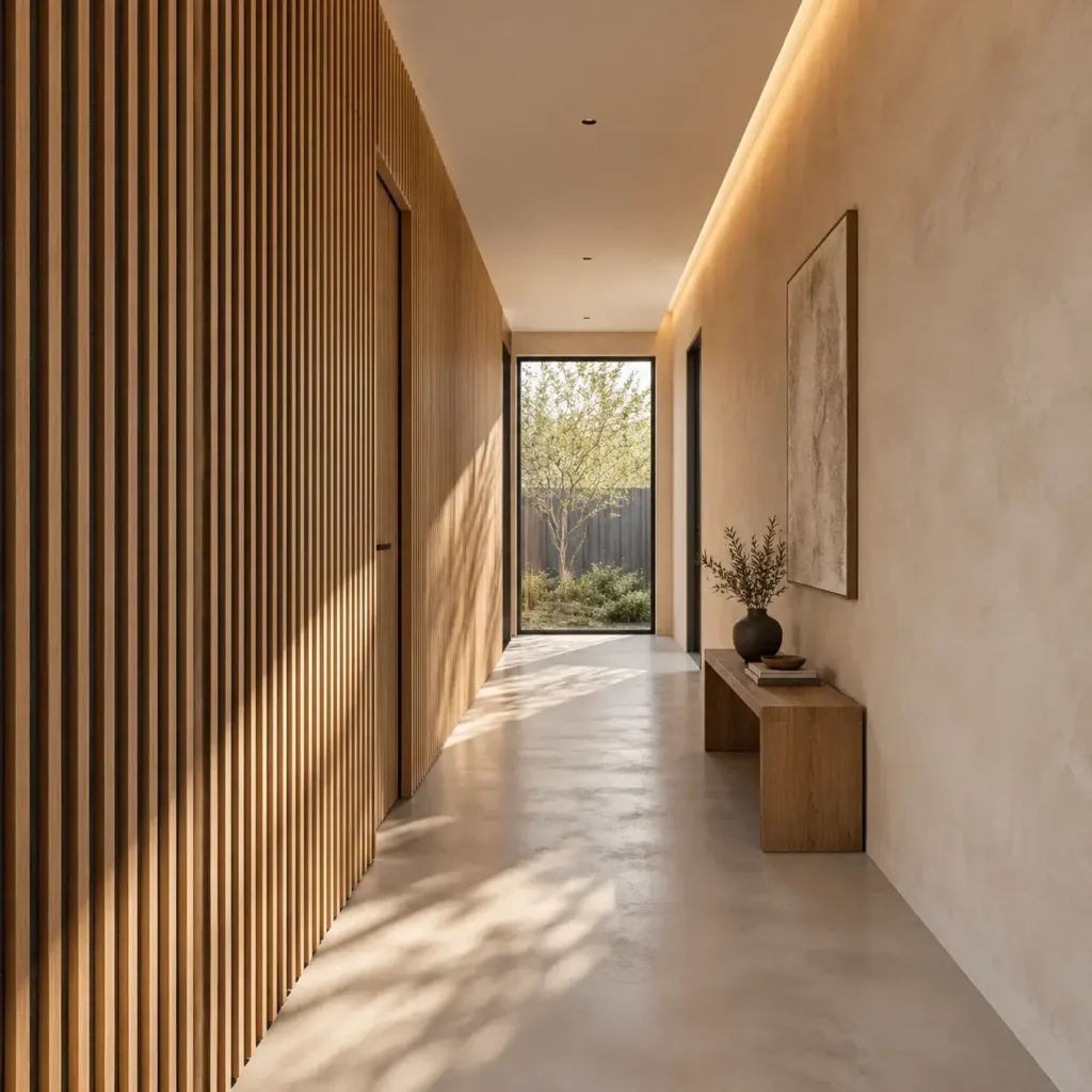 Japandi style corridor with vertical white oak wood slats on one wall and soft lime wash plaster on the other.