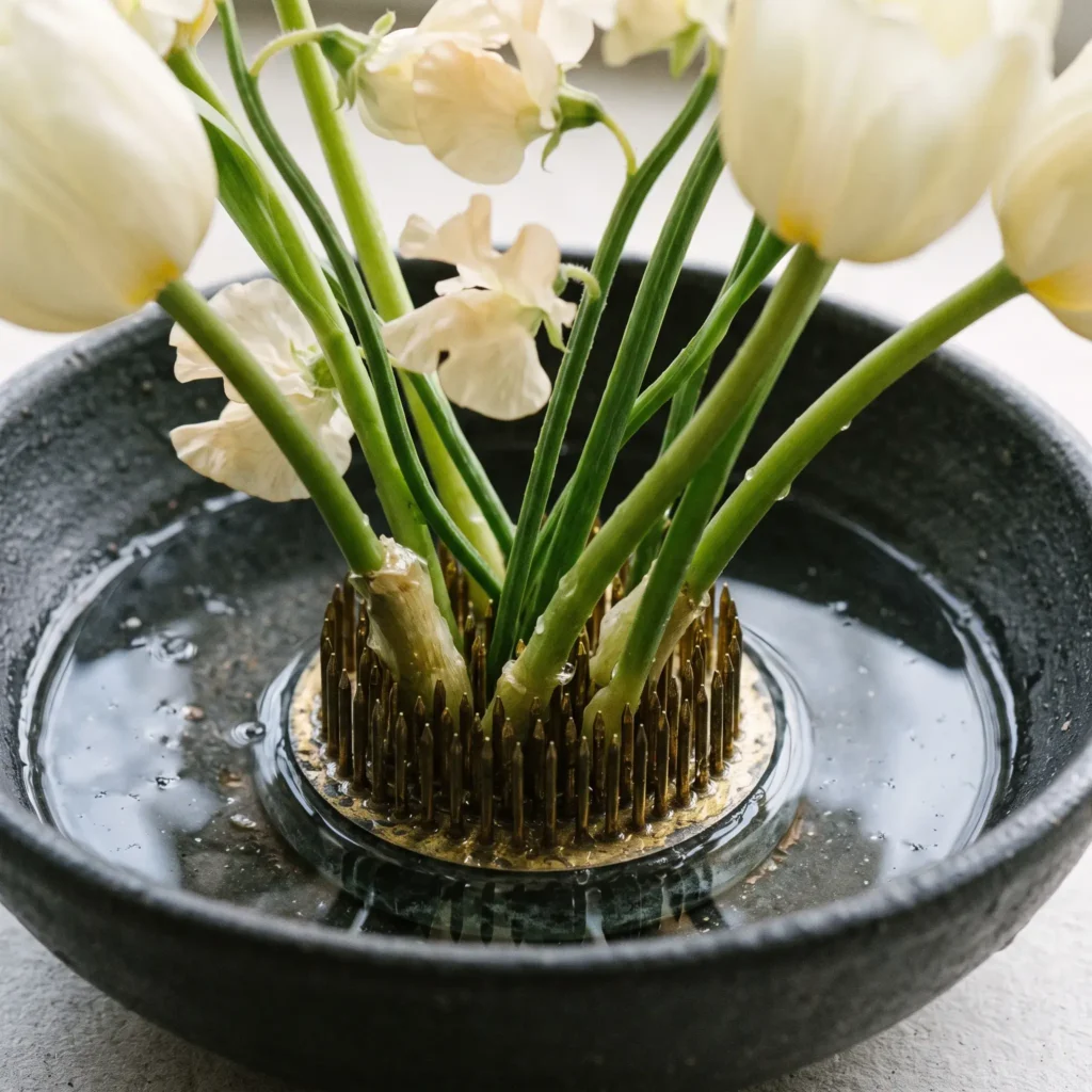 Minimalist arrangement of cream tulips in a shallow ceramic dish using a brass kenzan flower frog.