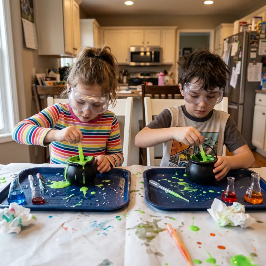 Young children wearing safety goggles mixing neon green slime in small cauldrons