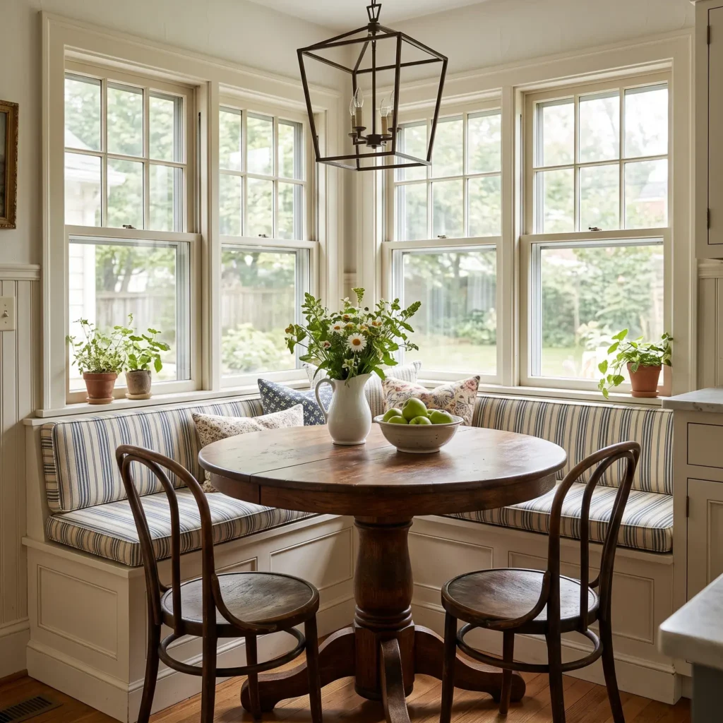 Kitchen breakfast nook with ticking-stripe banquette cushions and a round dark oak pedestal dining table.