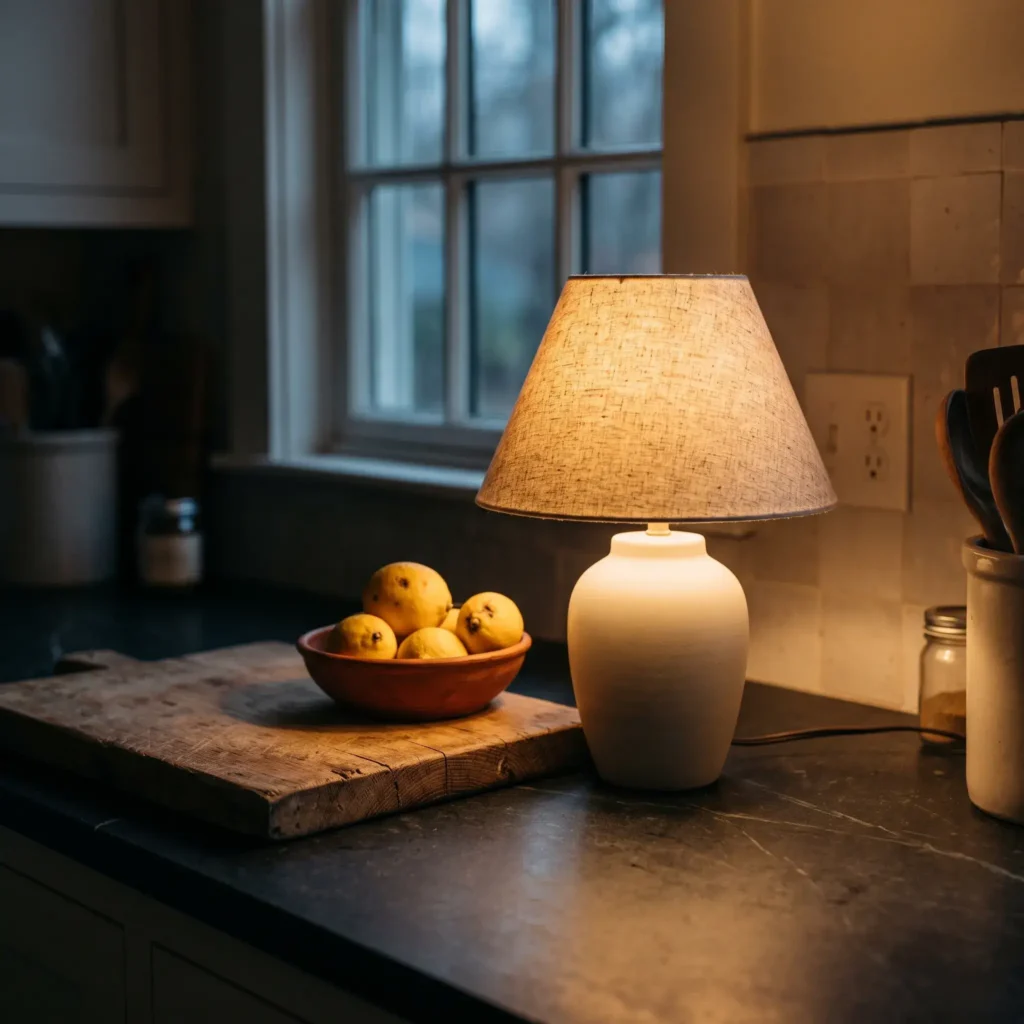 Small cream ceramic table lamp casting a soft amber glow across a dark soapstone kitchen counter.