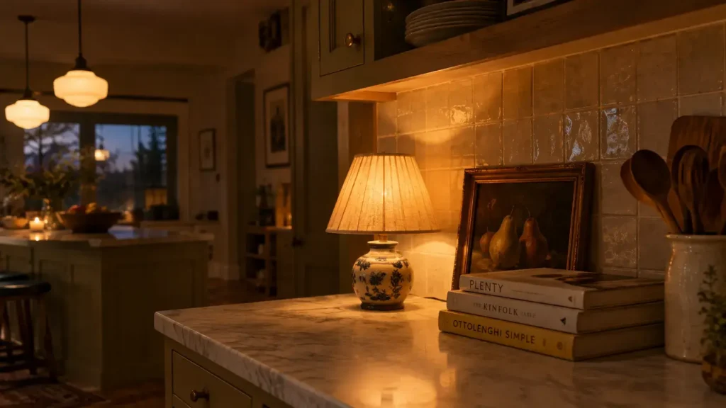  Kitchen countertop corner lit by a small ceramic table lamp with a pleated linen shade next to stacked cookbooks.