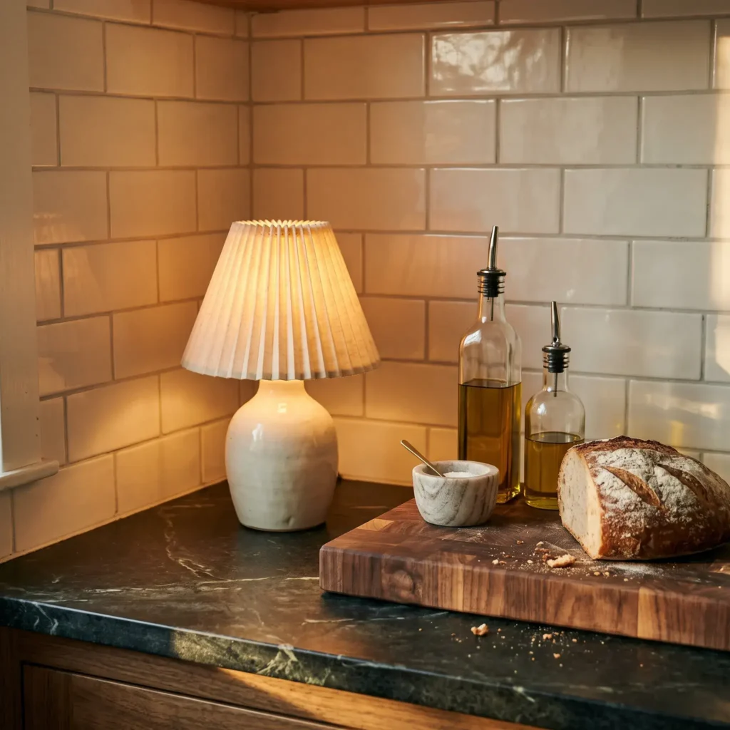 Small ceramic accent lamp on a dark soapstone kitchen counter casting warm amber light beside cutting boards and olive oil.
