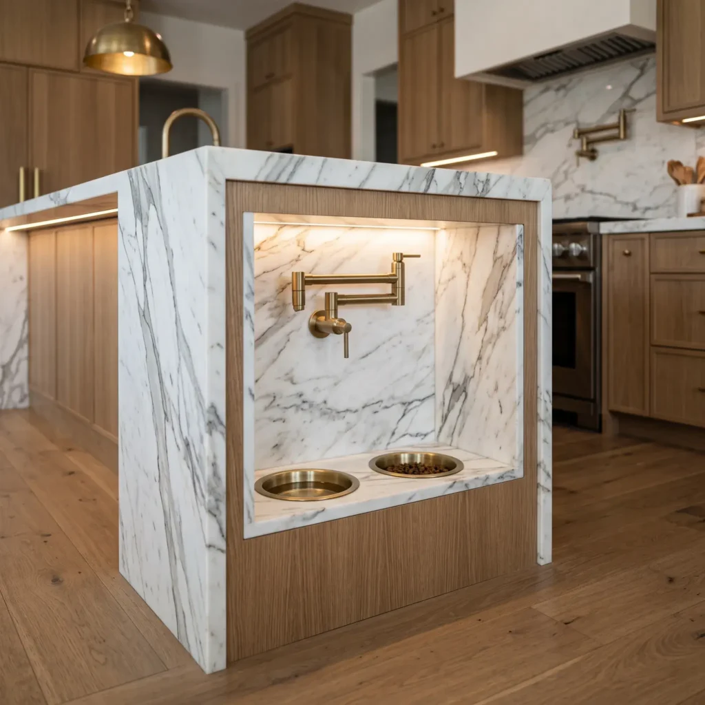 White oak kitchen island featuring a built-in stone dog feeding alcove and a low-mounted brass pot-filler faucet.