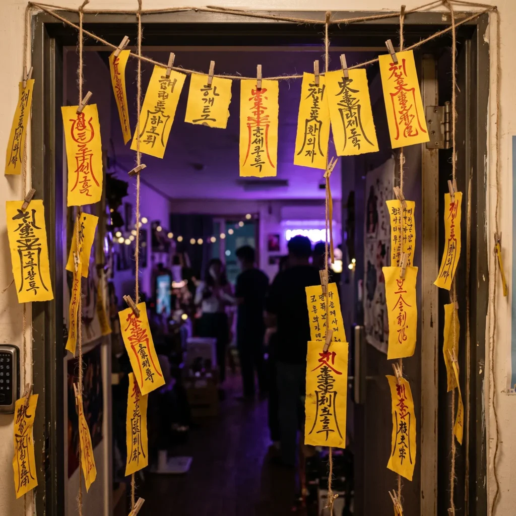Doorway covered in hanging yellow paper Korean protection talismans written with red calligraphy ink