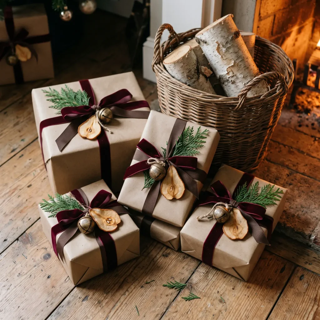 Christmas gifts wrapped in brown kraft paper, decorated with dark burgundy ribbons, fresh cedar, and brass bells.