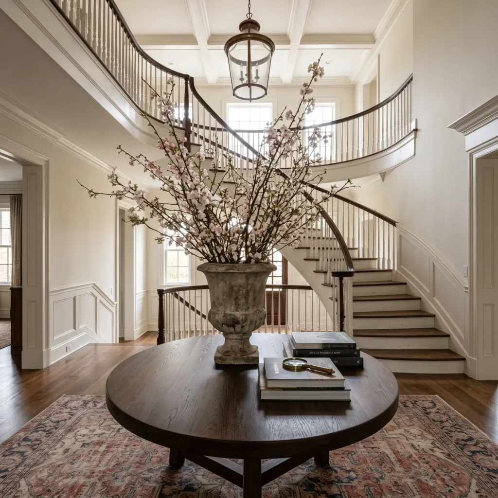 Grand two-story entryway with a round dark oak center table, floral branches in a stone urn, and a curved staircase.