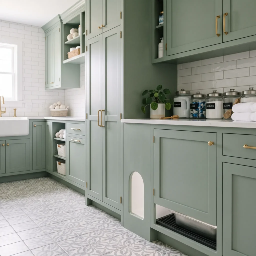 Custom sage green laundry room cabinetry featuring an arched pet opening leading to a hidden, ventilated cat litter box.