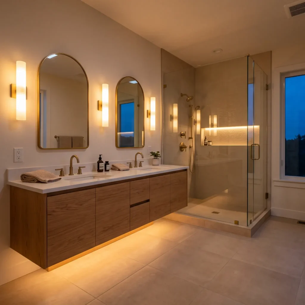  Primary bathroom at dusk showing layered lighting with three vertical sconces beside dual arched mirrors, a lit shower niche, and warm LED toe-kick lighting under the floating wood vanity.
