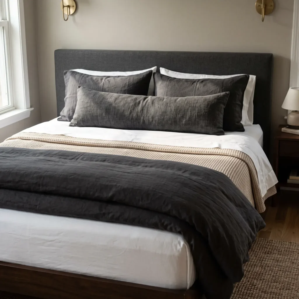 Layered king bed featuring a waffle coverlet, double-folded white down duvet, and a long charcoal linen lumbar pillow.