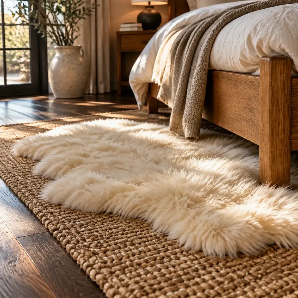 Layered bedroom rugs showing a plush sheepskin pelt resting over a large natural woven jute rug.