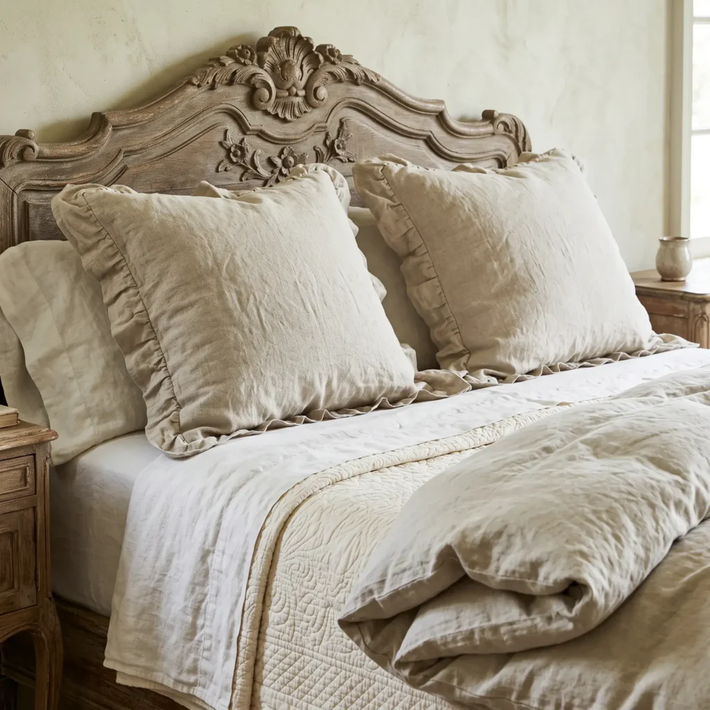 Layered French country bedding showing folded linen down duvet and textured cotton matelassé coverlet
