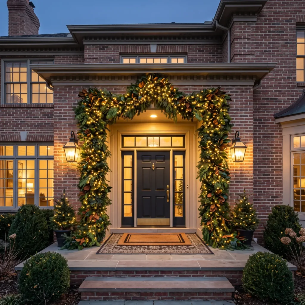 Thick, professionally layered cedar and magnolia garland lit with warm white 5mm LEDs framing an exterior front door.