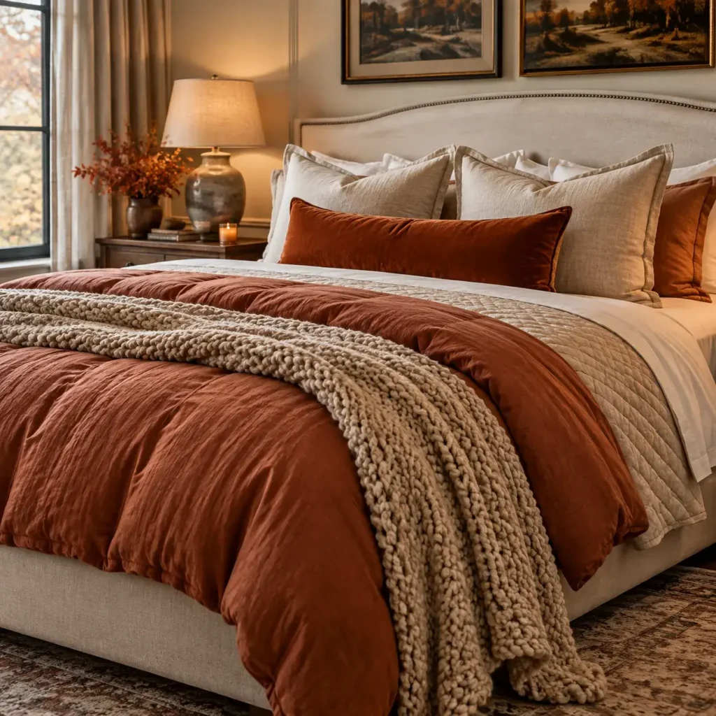 Layered autumn bed showing washed linen sheets, folded cotton quilt, fluffy down duvet, and a velvet lumbar pillow.