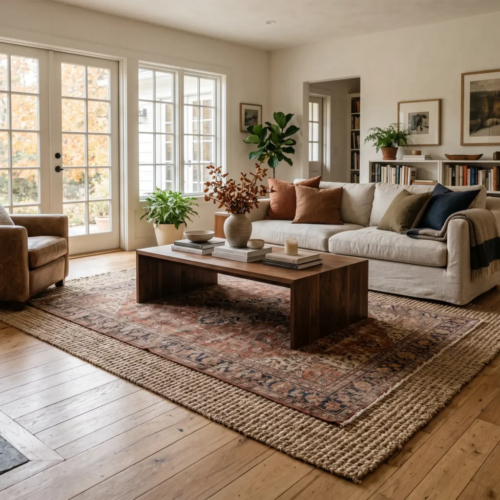 Layered fall living room floor featuring a patterned vintage wool rug centered over an oversized natural jute base rug.