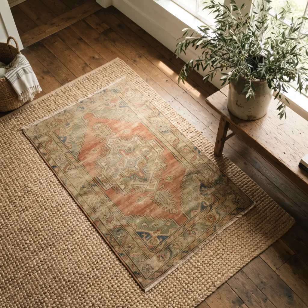 Vintage hand-knotted wool rug layered over a chunky woven jute rug with an antique urn holding olive branches.