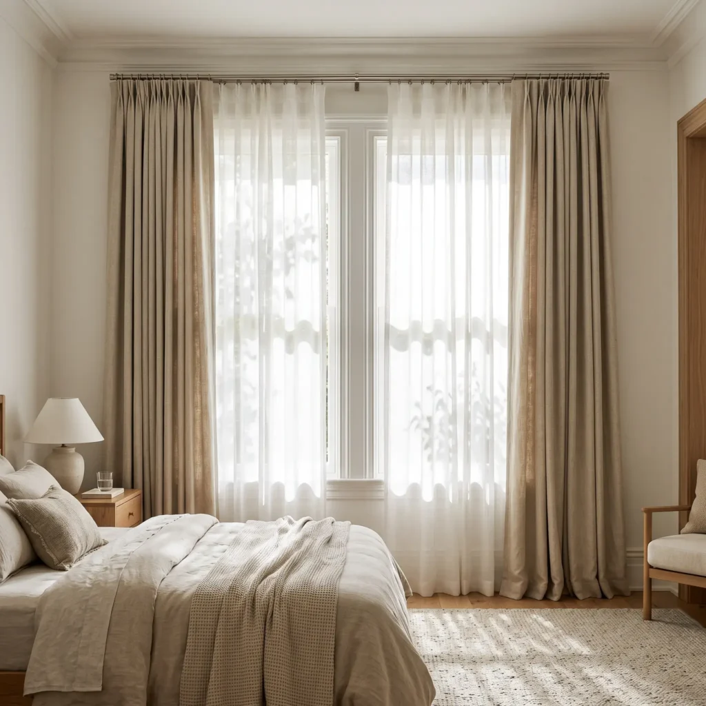 Layered natural linen drapery and soft white sheer curtains on a double curtain rod.