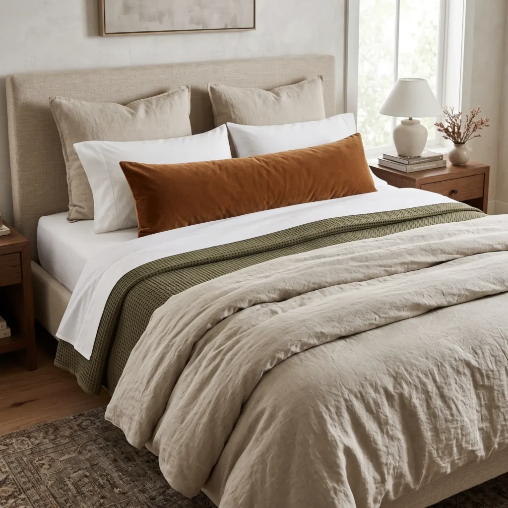 High loft white and beige layered bed with folded linen duvet, waffle quilt, and accent cushions.