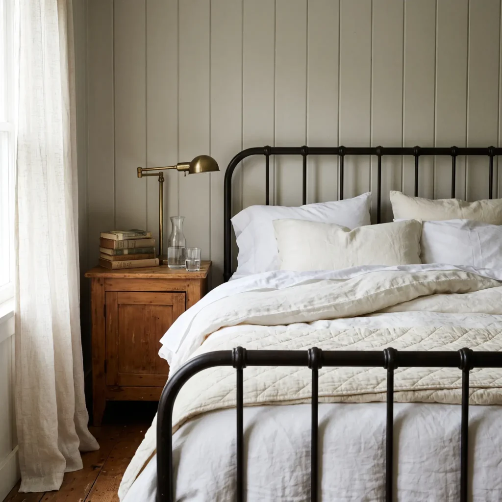 Soft layered bed with white linen duvet, folded cream quilt, wrought iron frame, and antique wood nightstand.