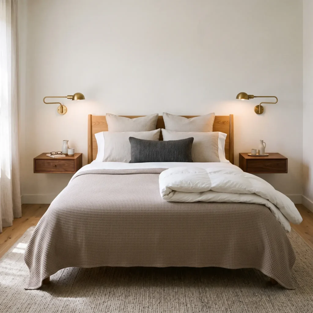 Queen bed with stacked pillows, folded white duvet, and walnut nightstands with brass wall sconces.
