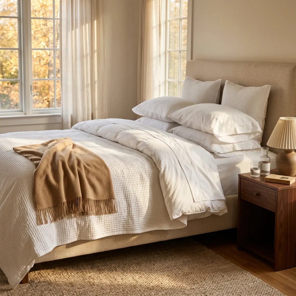 Generously layered fall bed with white linen sheets, matelassé coverlet, and folded wool blanket.