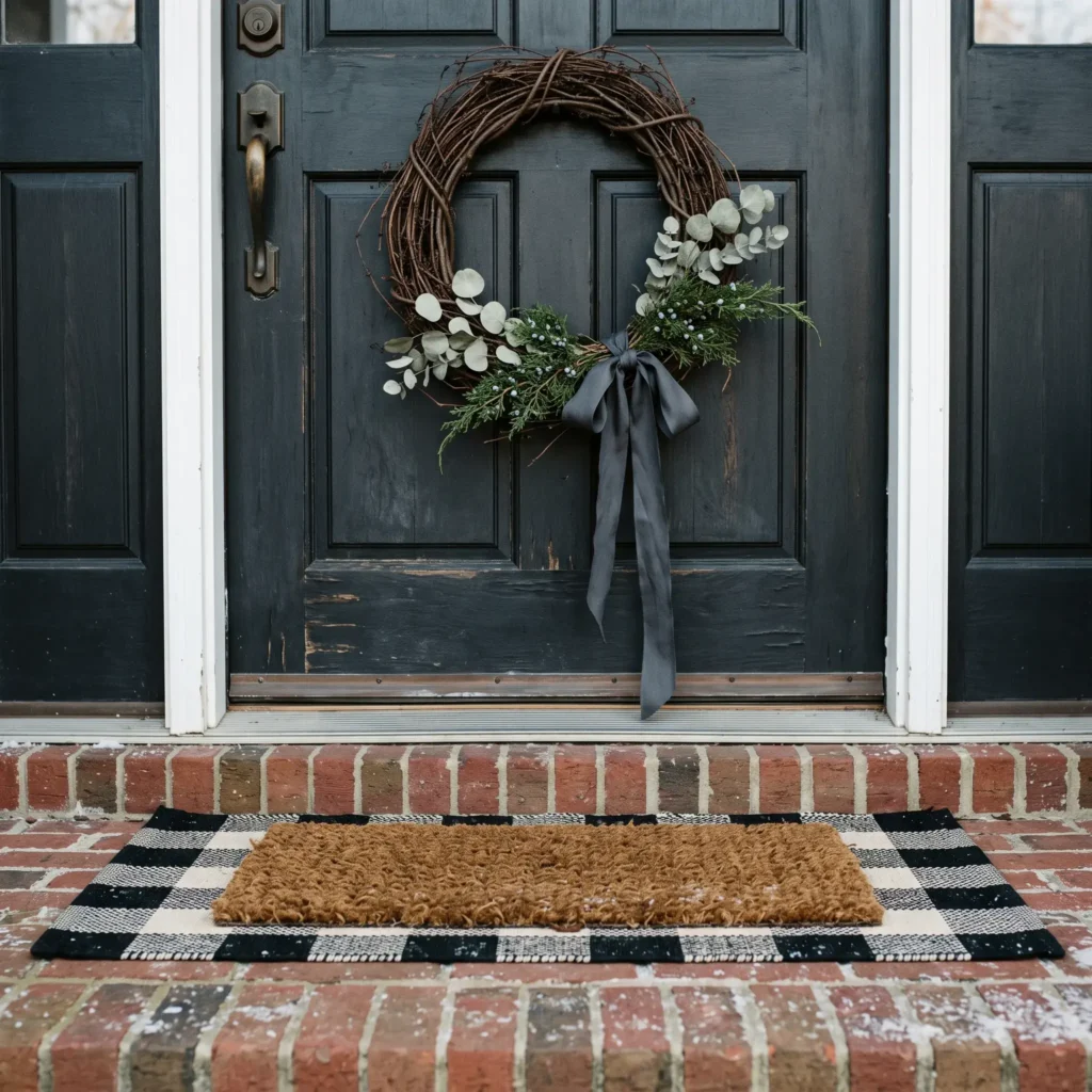 Front door decorated with a natural grapevine and eucalyptus wreath above layered plaid and coir doormats.