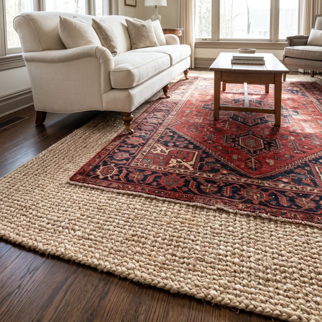 Distressed vintage Persian wool rug layered over a chunky natural jute area rug under classic living room furniture.