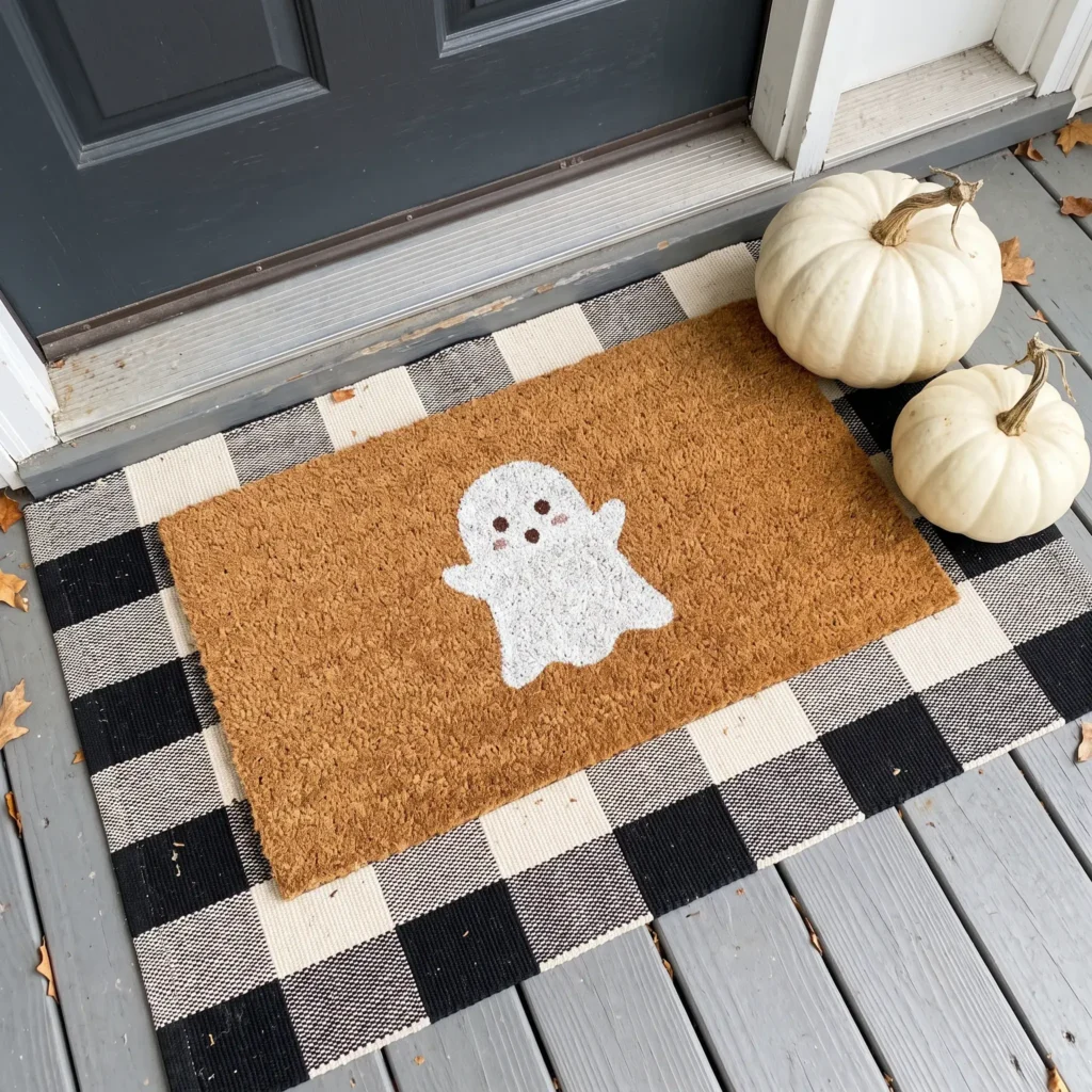 Layered buffalo check outdoor rug and ghost coconut coir doormat sitting in front of a door.