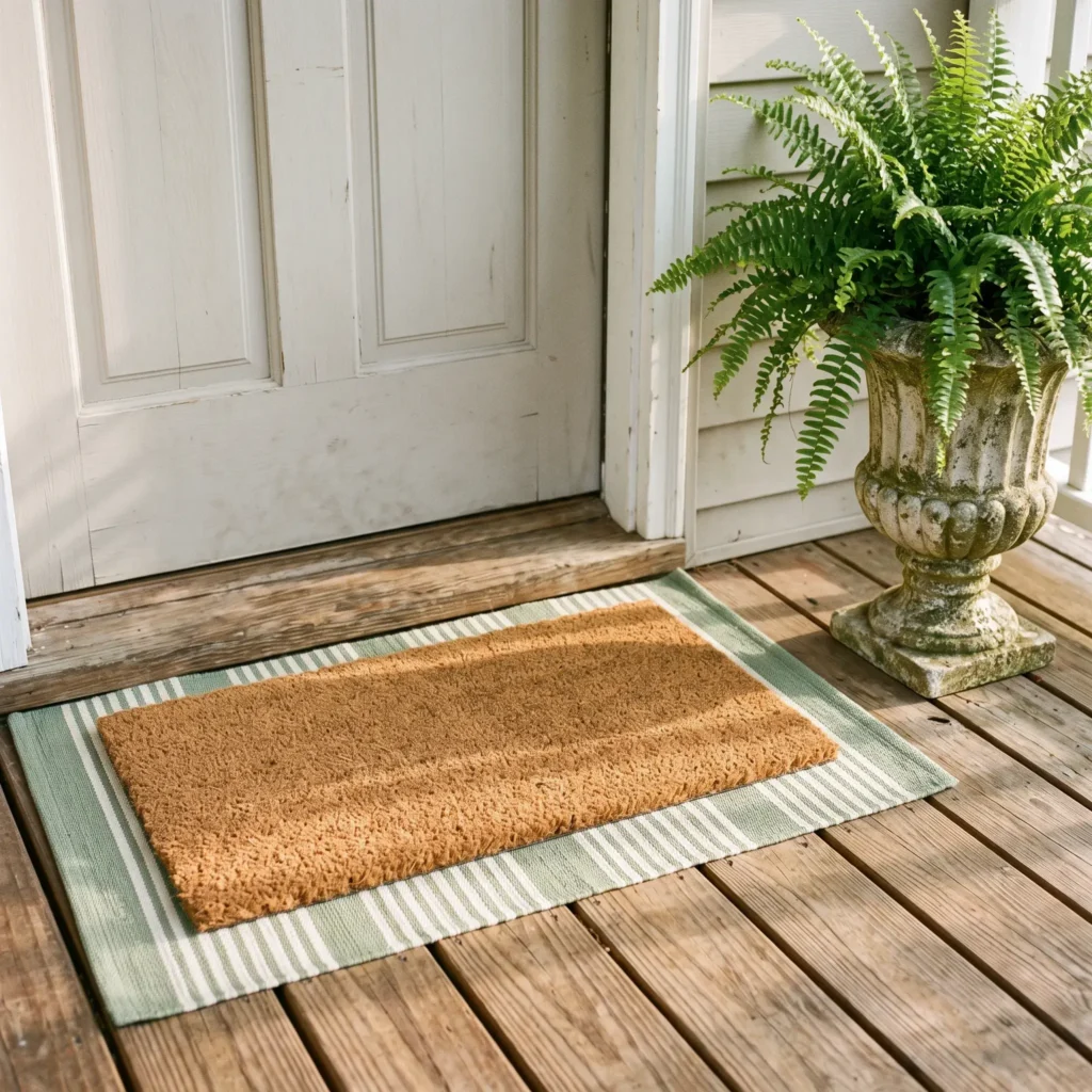 Layered front porch doormat with natural coir over a sage green striped runner beside a stone planter.