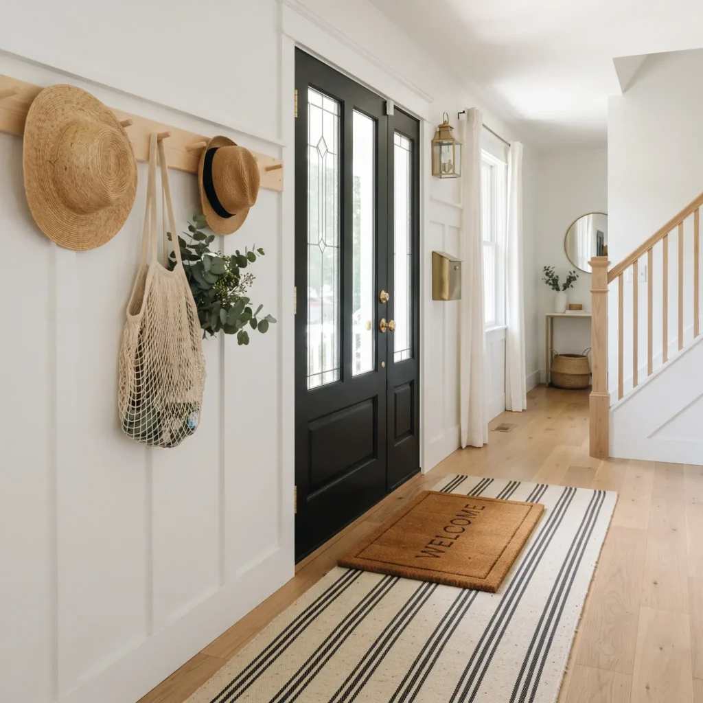 Entryway featuring a layered ticking stripe runner, natural coir doormat, and wooden peg rail holding sun hats.