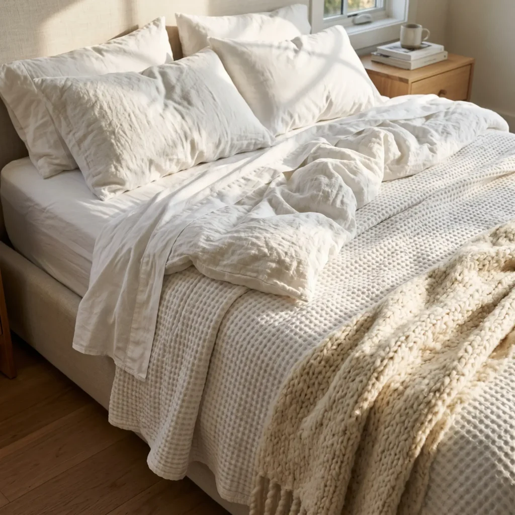 Close-up of layered white bed styling showing crisp percale sheets, an ivory waffle blanket, and a relaxed linen duvet.