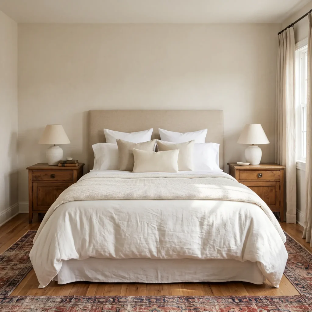 Calm primary bedroom with linen headboard, layered white percale bedding, and matching bedside lamps.