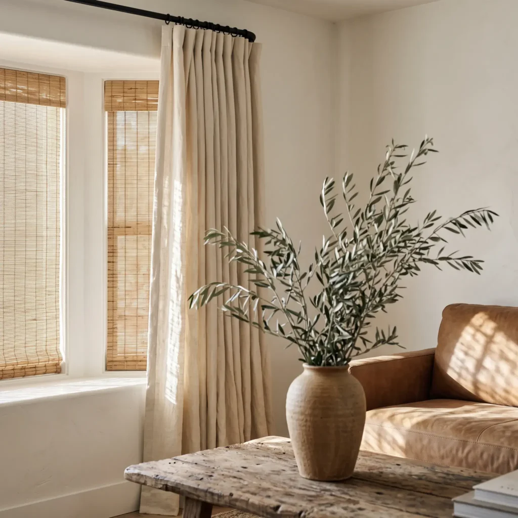 Layered woven wood Roman shades and Belgian linen curtains on a black French return rod in a rustic living room.