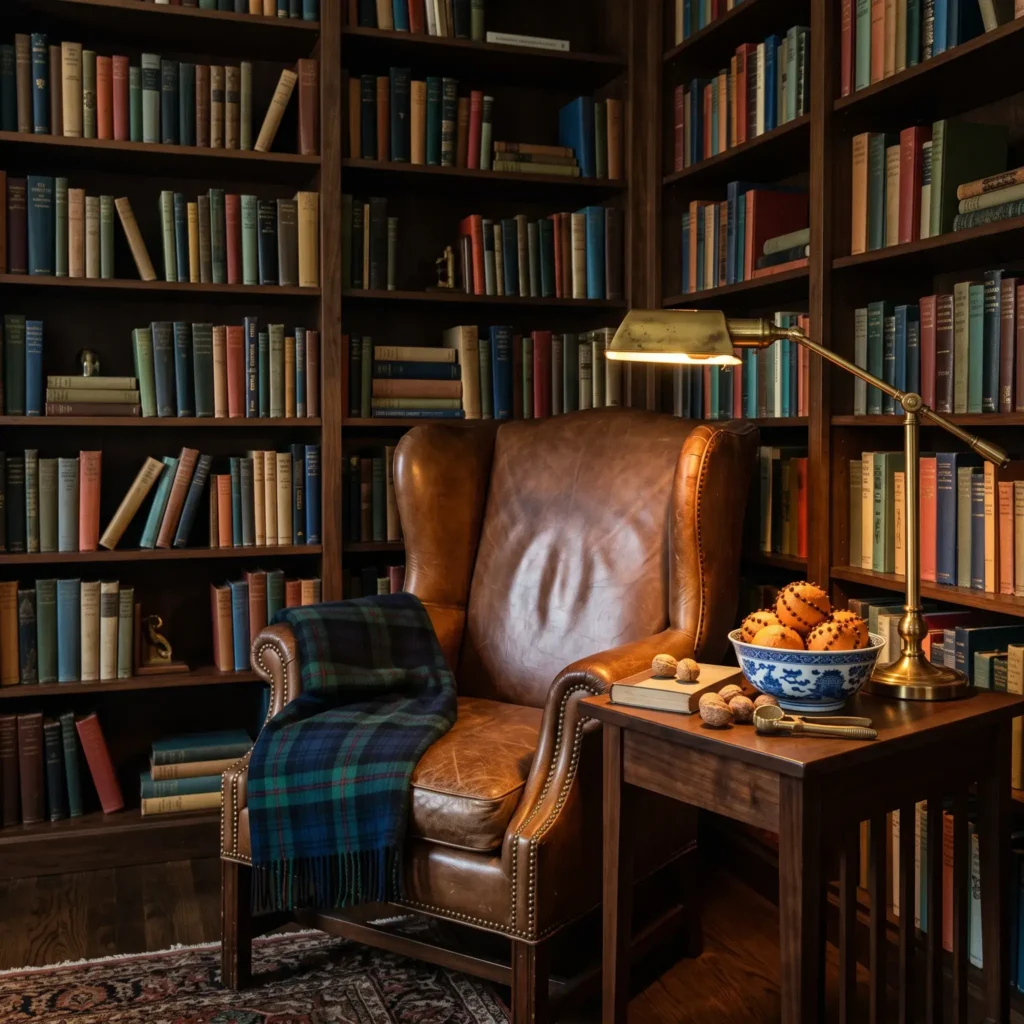 Classic home library corner with a leather chair, Black Watch tartan throw, and a porcelain bowl of clove-studded oranges.