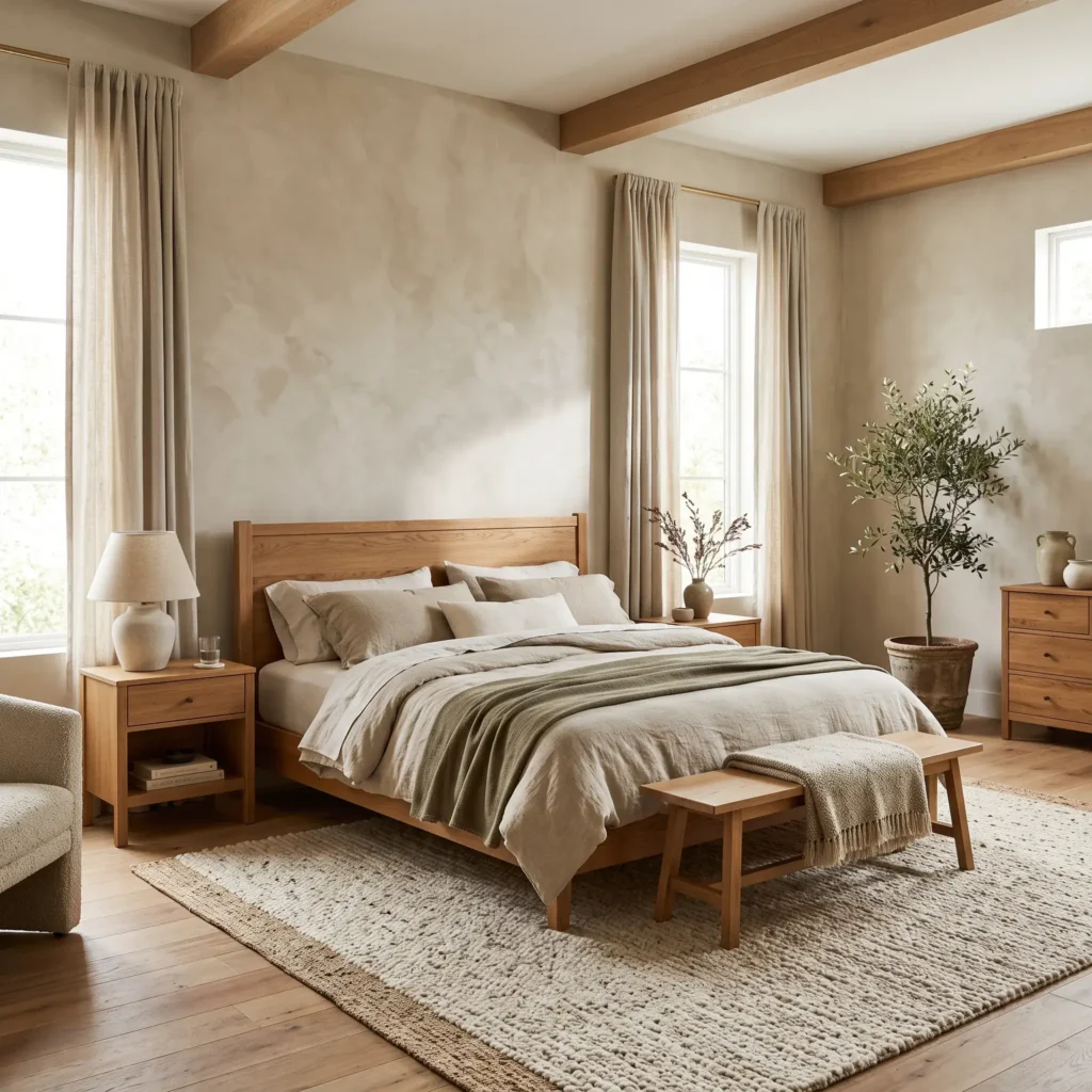 Primary bedroom featuring warm taupe lime wash walls and a solid white oak platform bed under soft morning light.