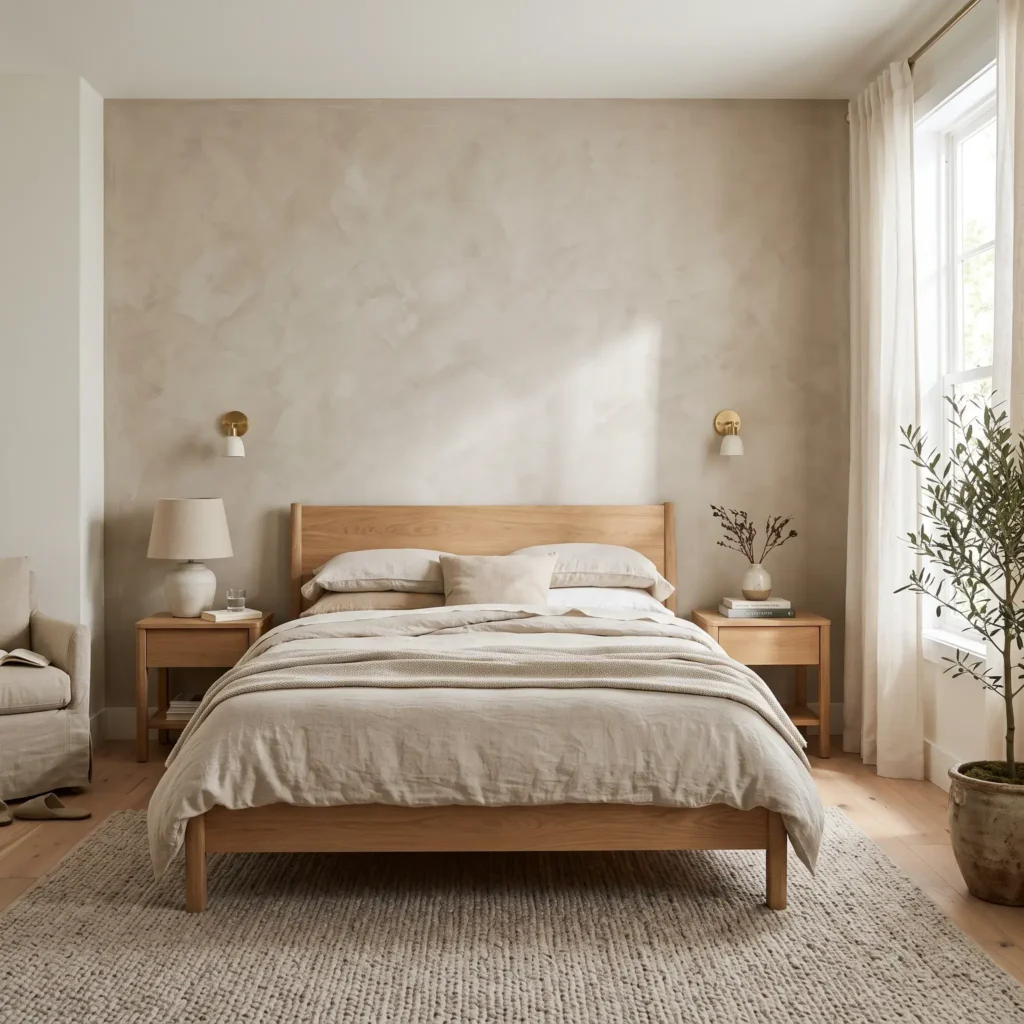 Limewash mineral paint accent wall behind a white oak bed frame with neutral bedding.