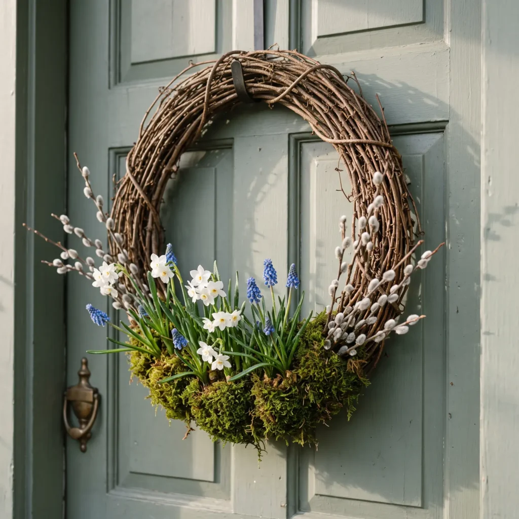 Living spring bulb and grapevine wreath with fresh green moss and white narcissus flowers on a front door.