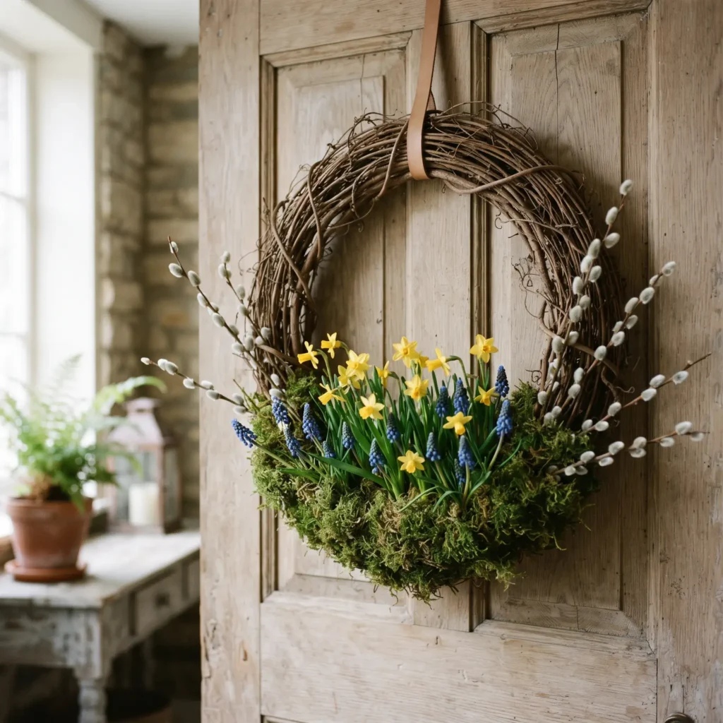 Living dwarf daffodil and grape hyacinth bulbs wrapped in green sheet moss on a wild grapevine wreath hanging on an oak front door.