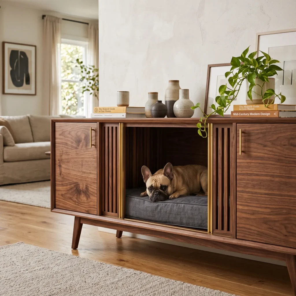 Mid-century modern walnut credenza with an integrated dog crate featuring vertical wood slats and a soft interior bed.